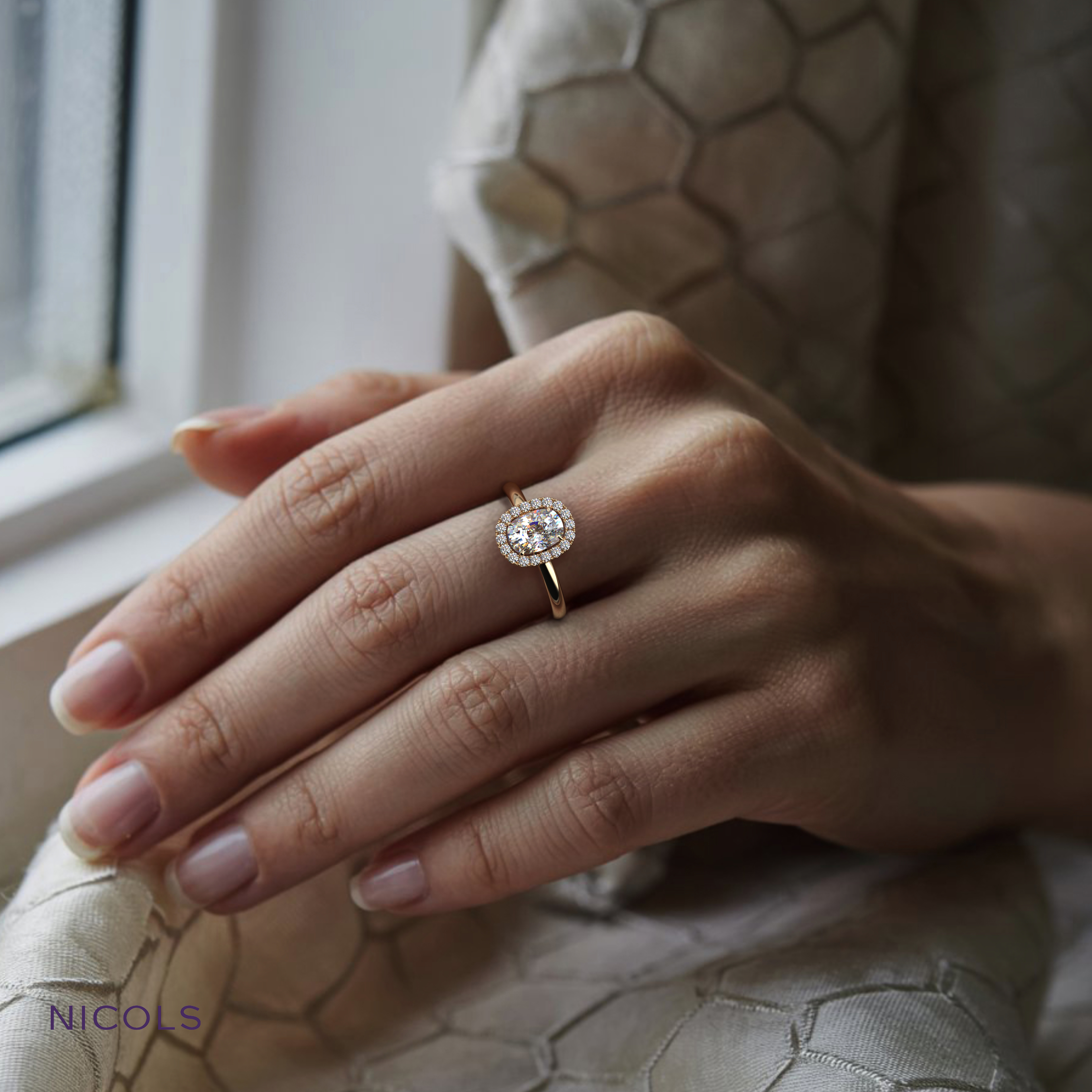 18k yellow gold  elongated cushion diamond halo ring – 0.70ct center