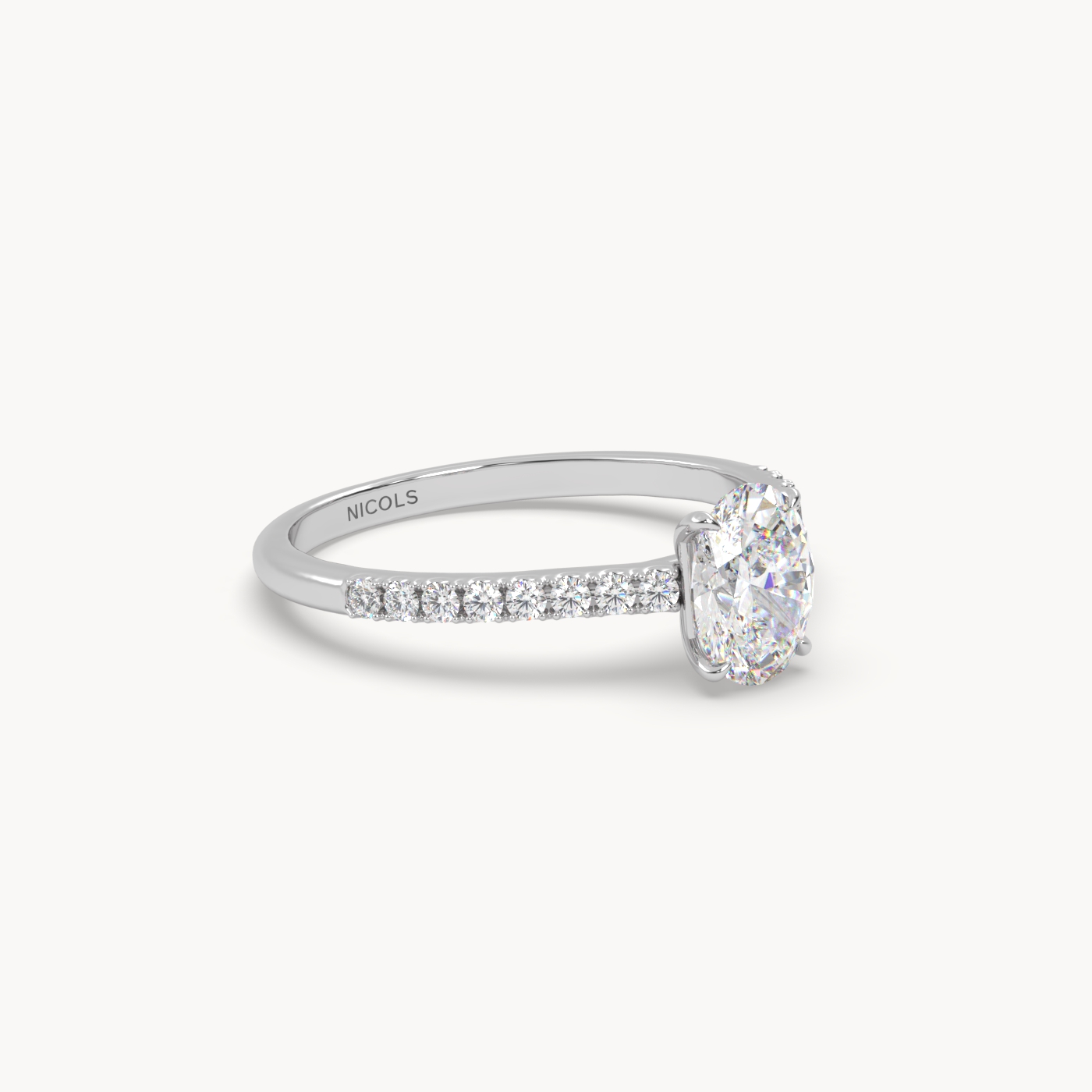 18k white gold  petite pavé cathedral engagement ring for 0.70ct oval diamond