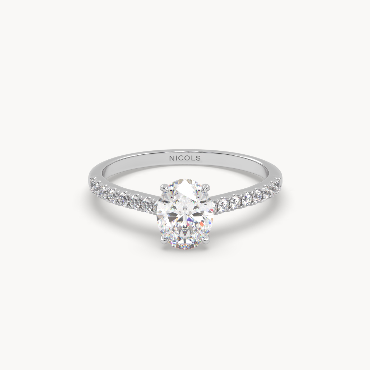 18k white gold  petite pavé cathedral engagement ring for 0.70ct oval diamond