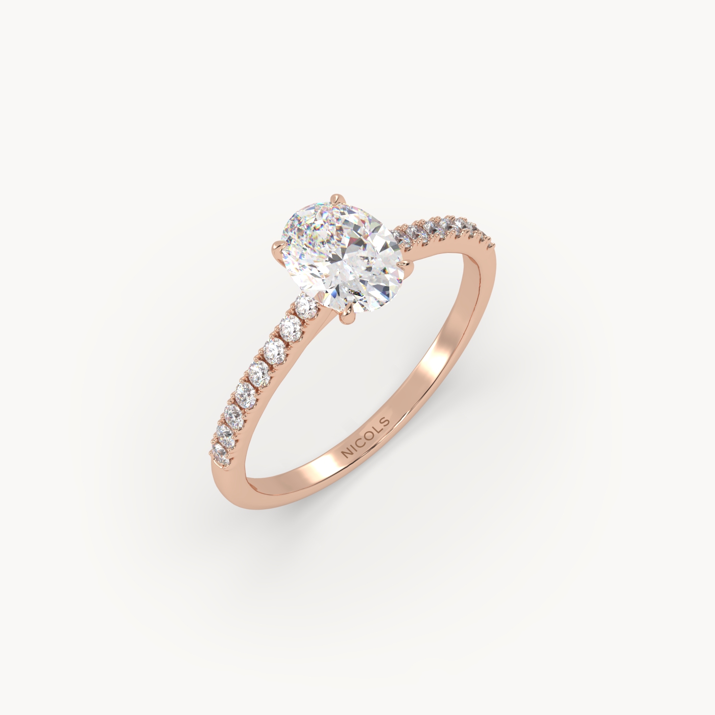 18k rose gold  petite pavé cathedral engagement ring for 0.70ct oval diamond