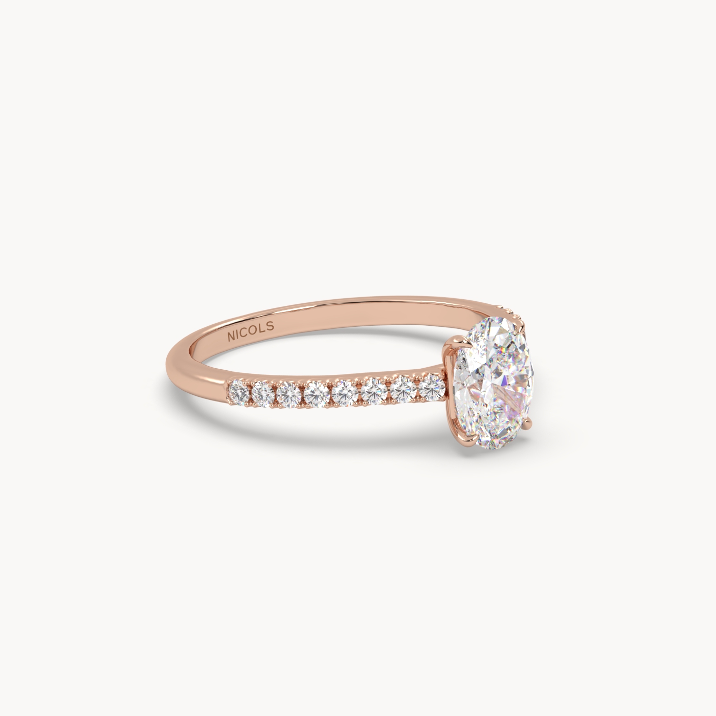 18k rose gold  petite pavé cathedral engagement ring for 0.70ct oval diamond