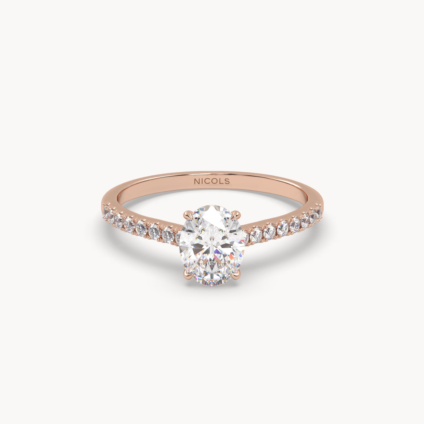 18k rose gold  petite pavé cathedral engagement ring for 0.70ct oval diamond