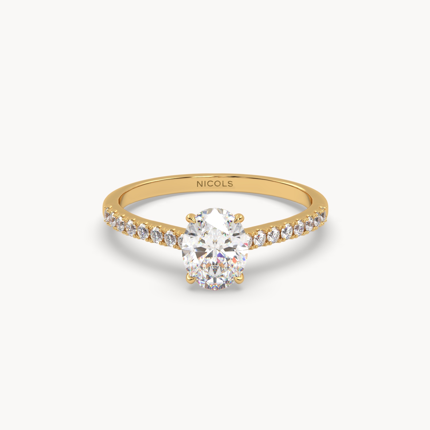 18k yellow gold  petite pavé cathedral engagement ring for 0.70ct oval diamond