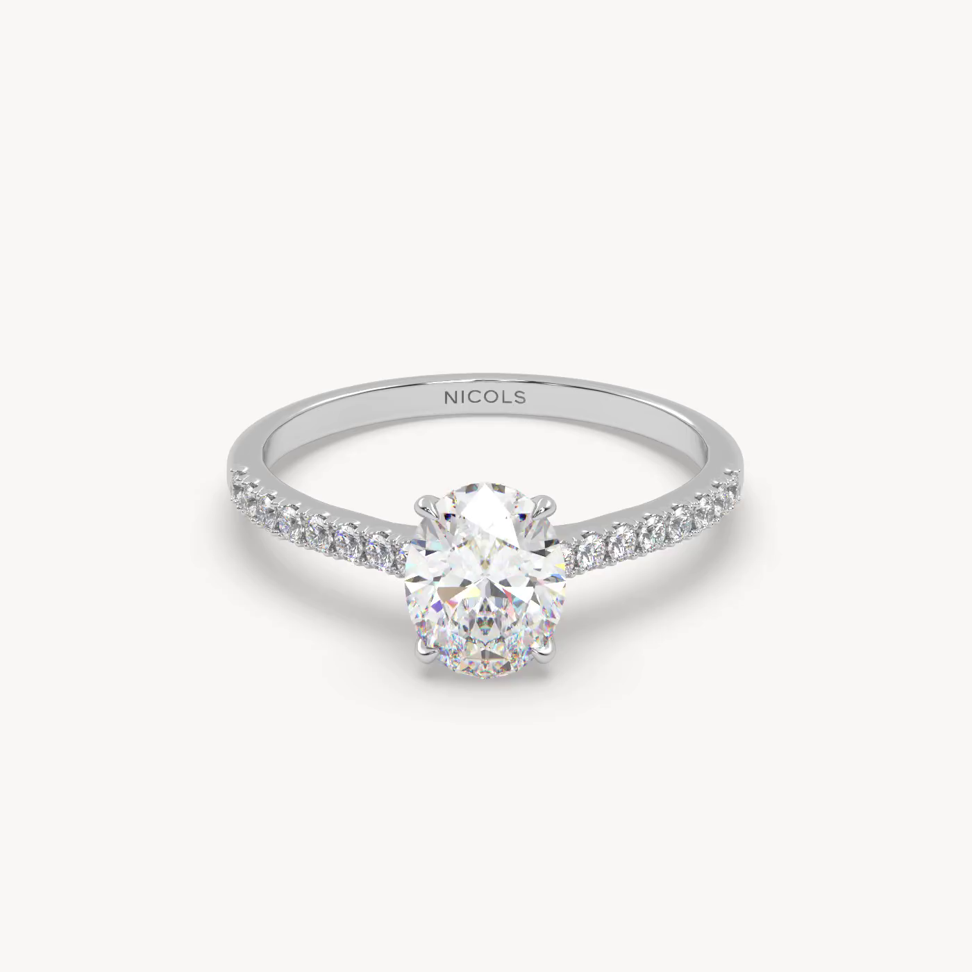 18k white gold  petite pavé cathedral engagement ring for 1ct oval diamond Photos & images
