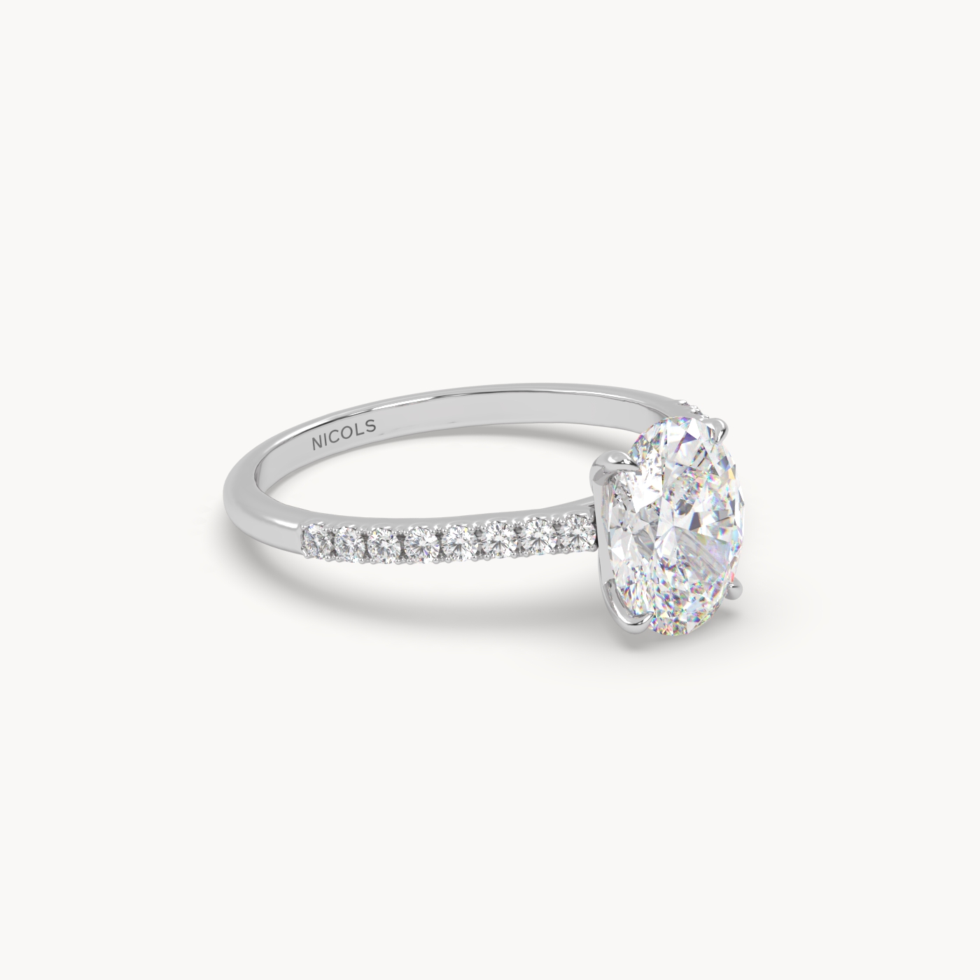 18k white gold  petite pavé cathedral ring setting for 1.50ct oval diamond
