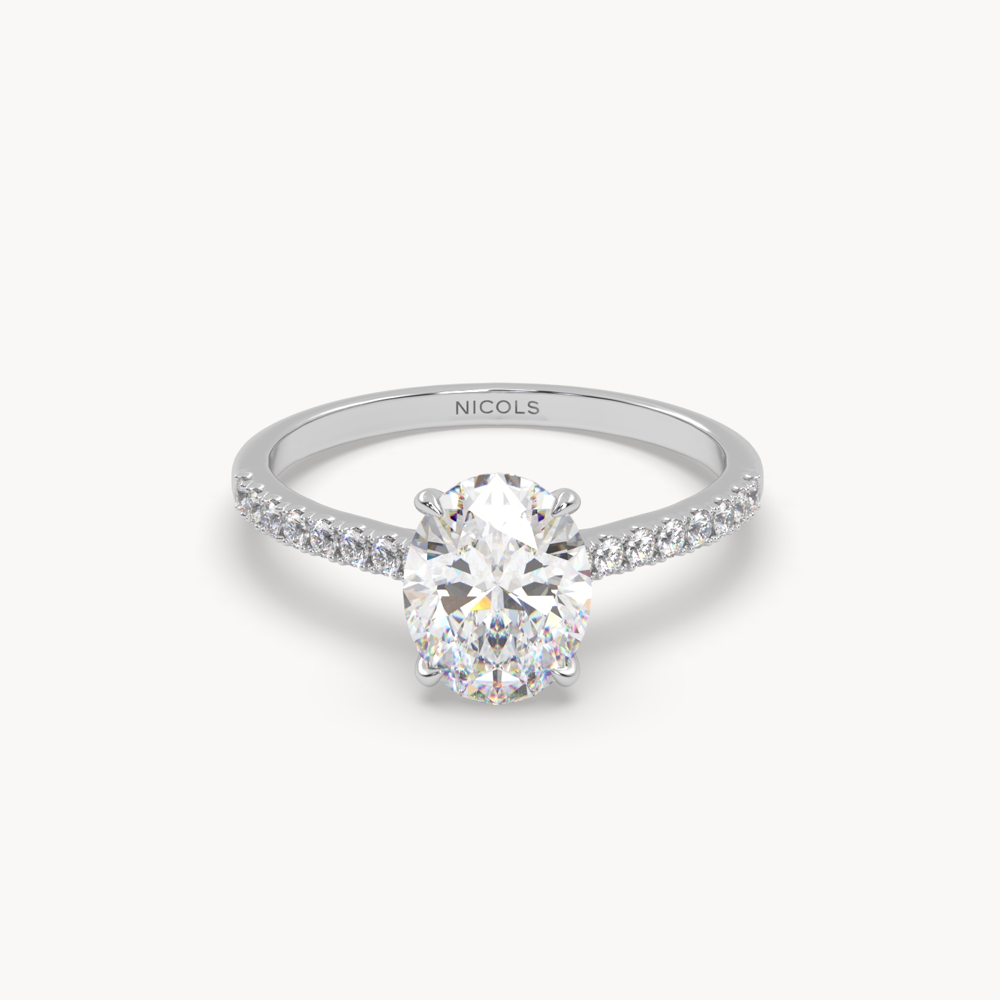 18k white gold  petite pavé cathedral ring setting for 1.50ct oval diamond