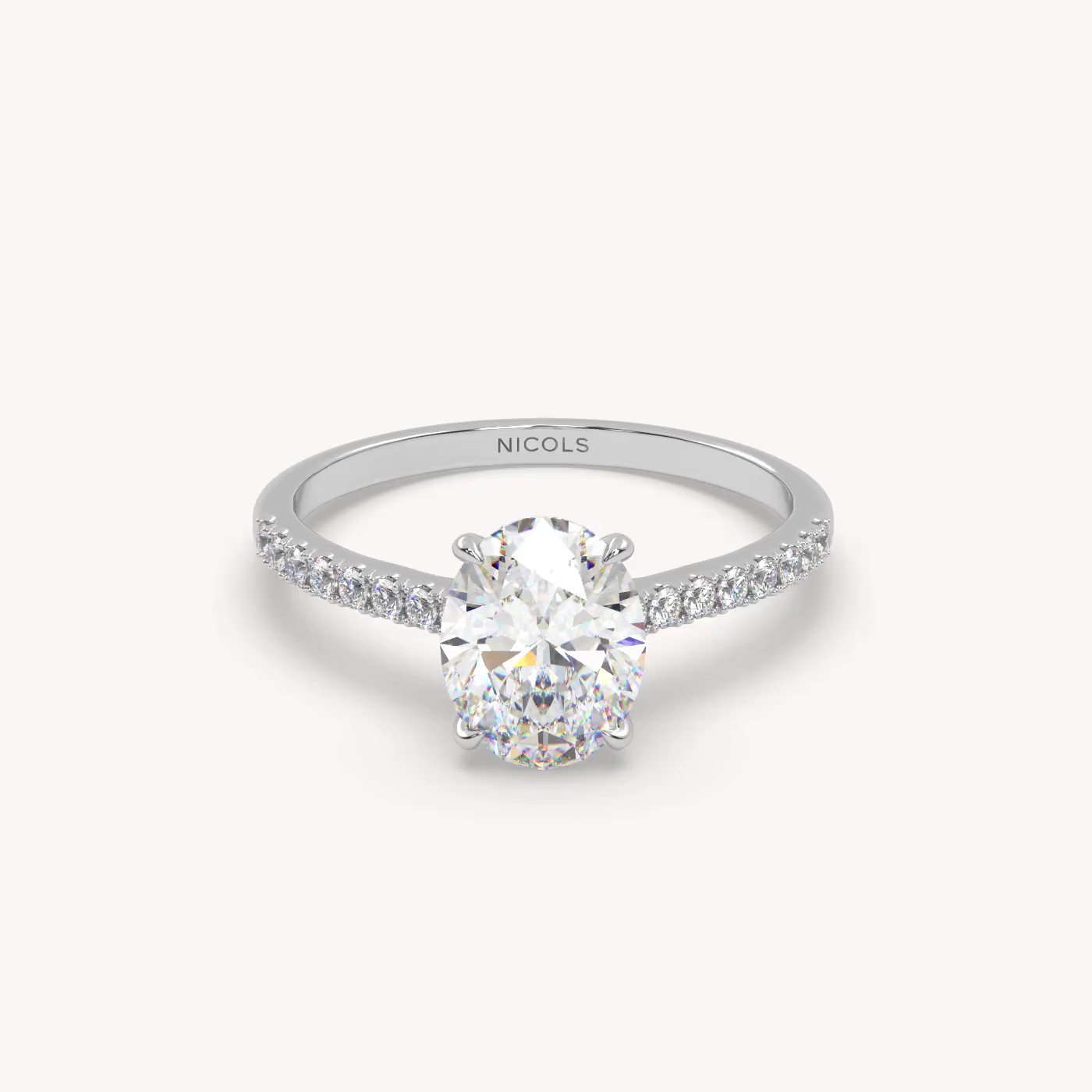 18k white gold  petite pavé cathedral ring setting for 1.50ct oval diamond