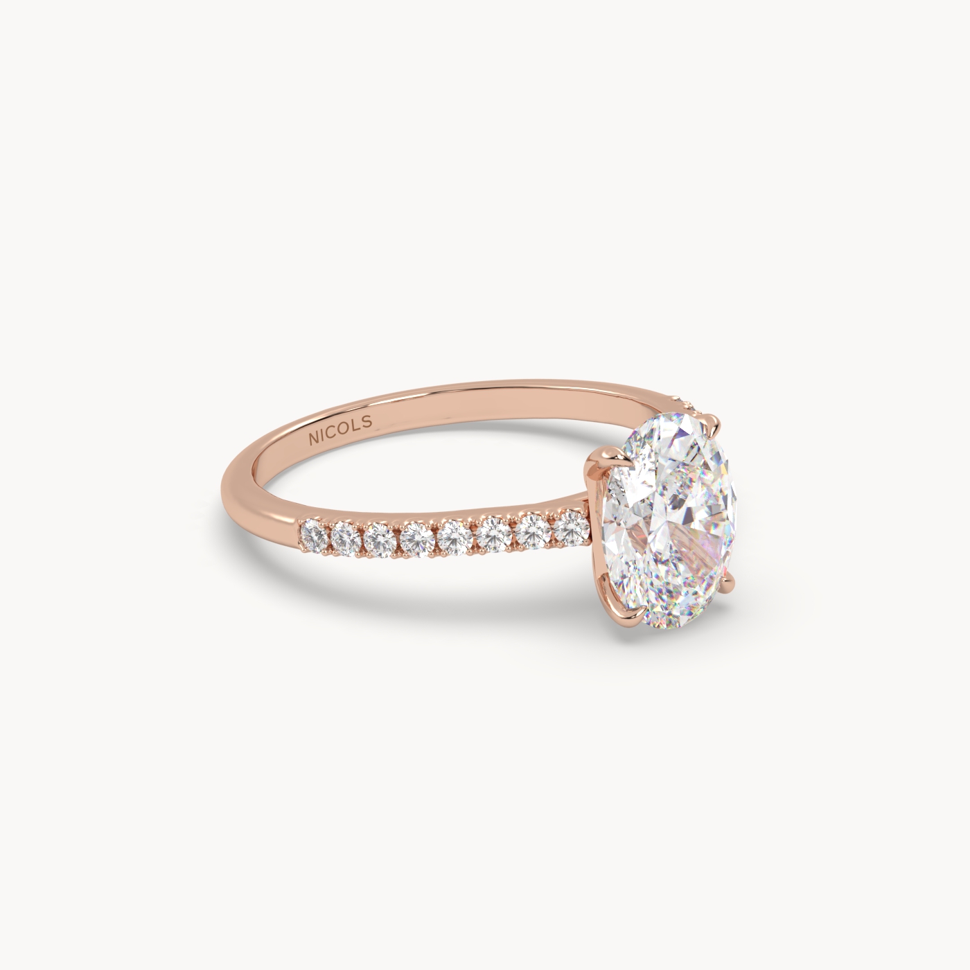 18k rose gold  petite pavé cathedral engagement ring for 1.5 ct oval diamond