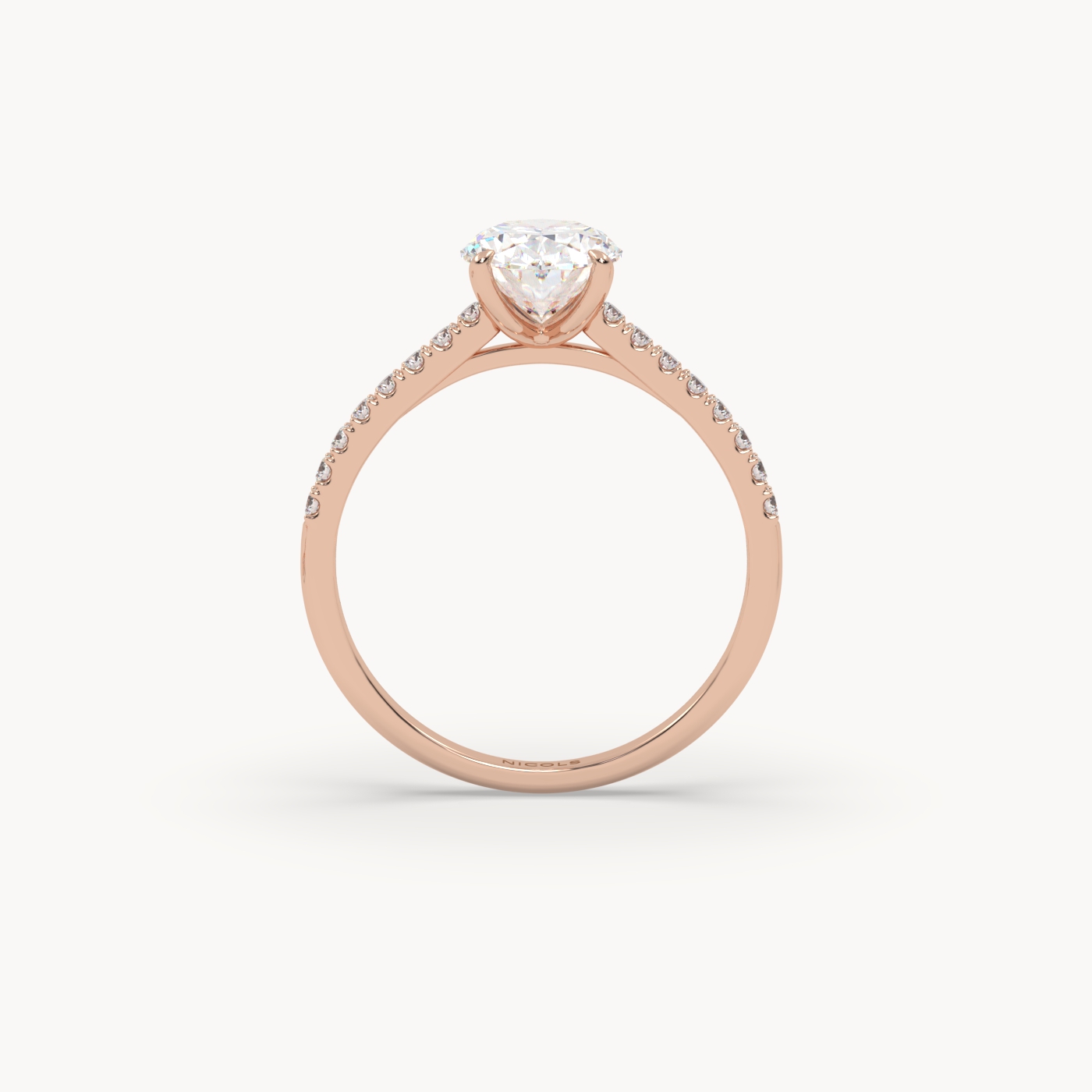 18k rose gold  petite pavé cathedral engagement ring for 1.5 ct oval diamond