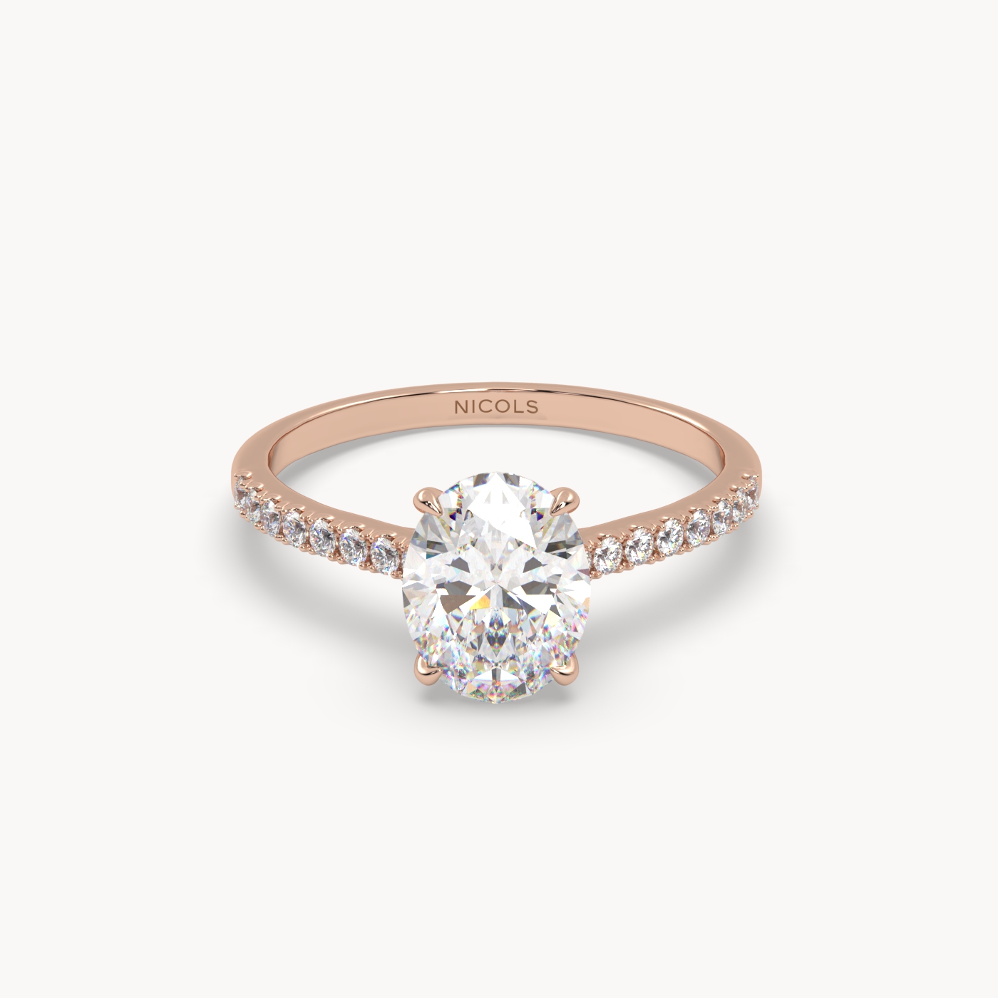 18k rose gold  petite pavé cathedral engagement ring for 1.5 ct oval diamond
