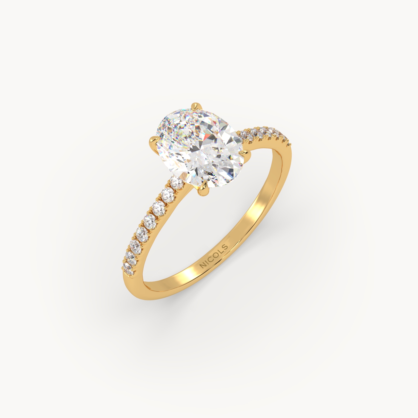 18k yellow gold  petite pavé cathedral engagement ring for 1.5 ct oval diamond