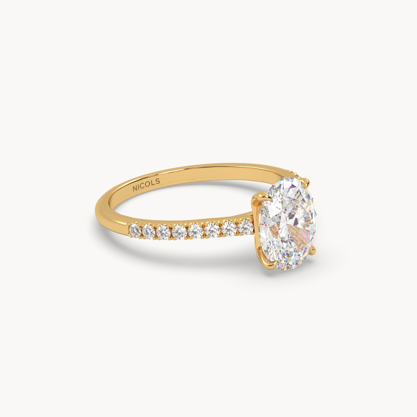 18k yellow gold  petite pavé cathedral engagement ring for 1.5 ct oval diamond