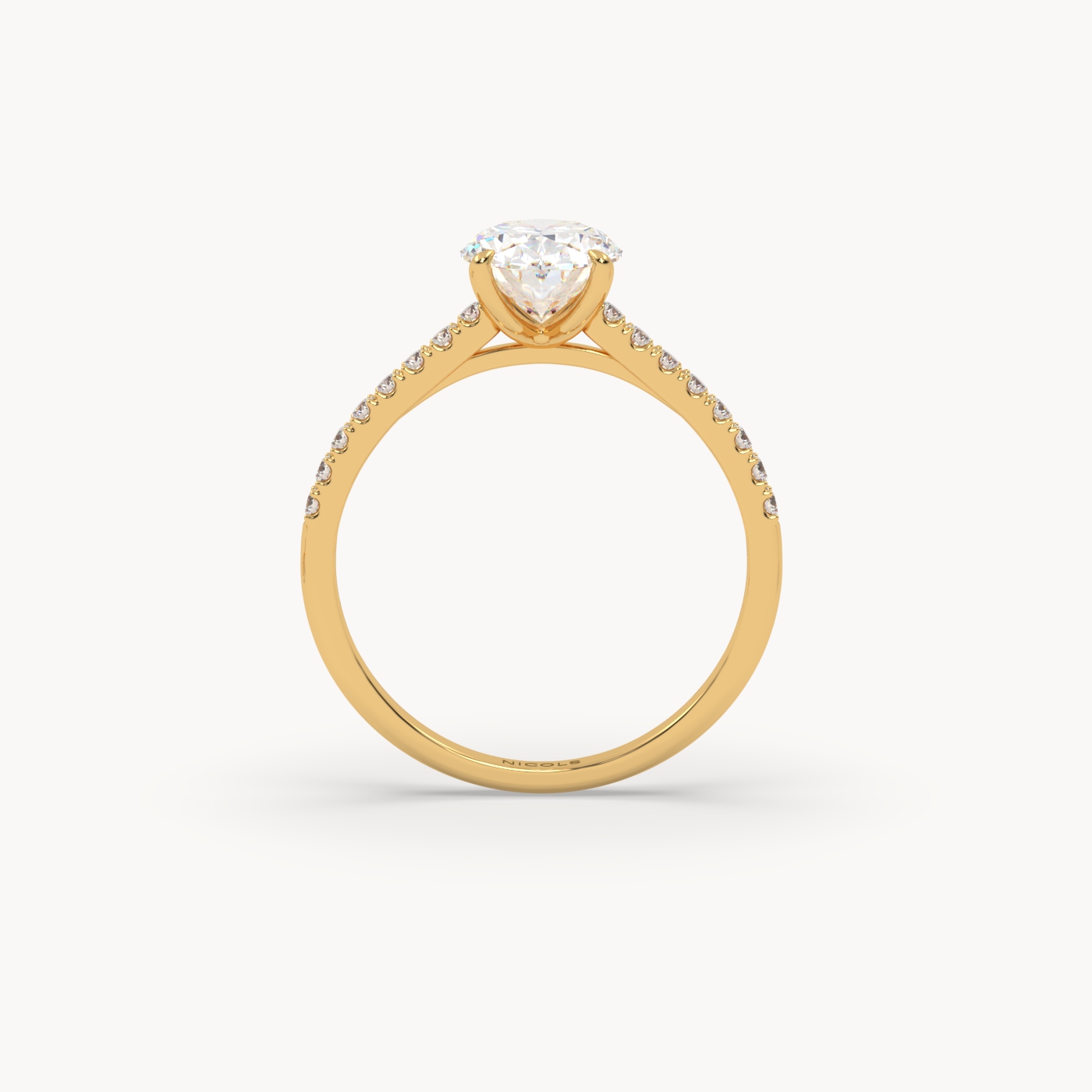 18k yellow gold  petite pavé cathedral engagement ring for 1.5 ct oval diamond
