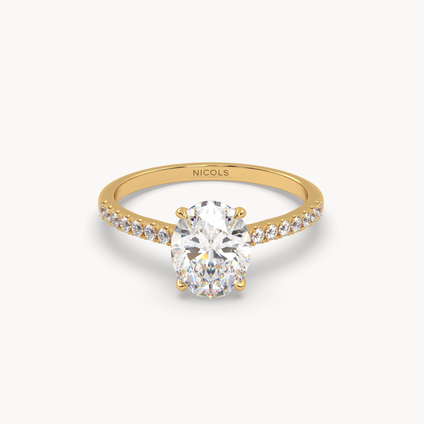 18k yellow gold  petite pavé cathedral engagement ring for 1.5 ct oval diamond