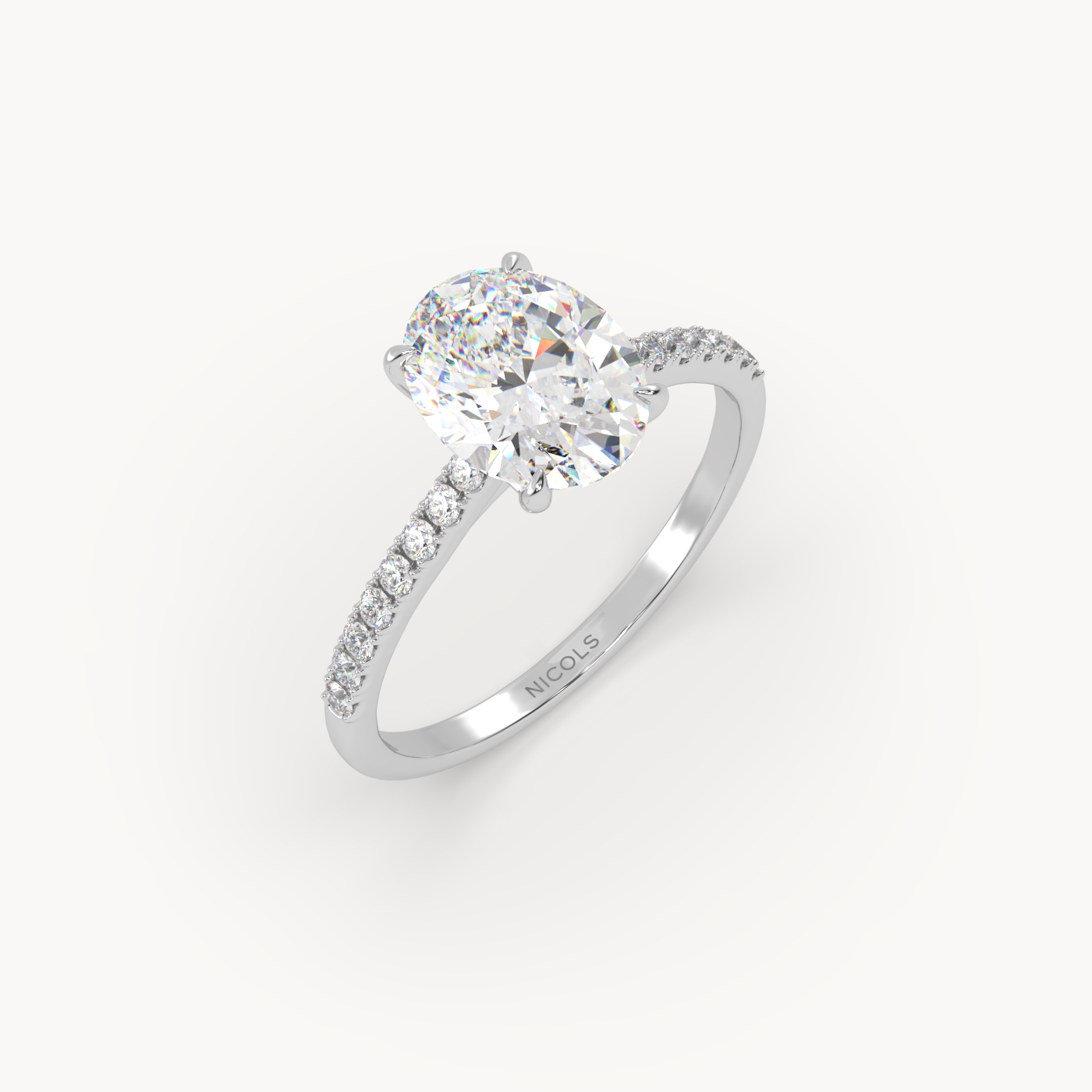 18k white gold  petite pavé cathedral diamond setting for 2ct oval  engagement ring