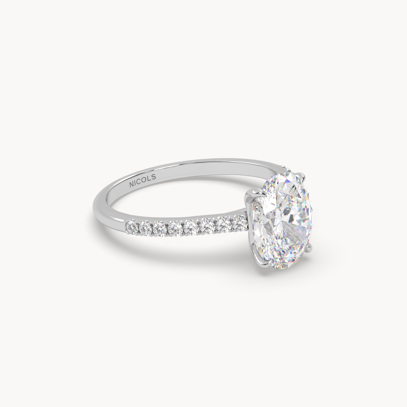 18k white gold  petite pavé cathedral diamond setting for 2ct oval  engagement ring