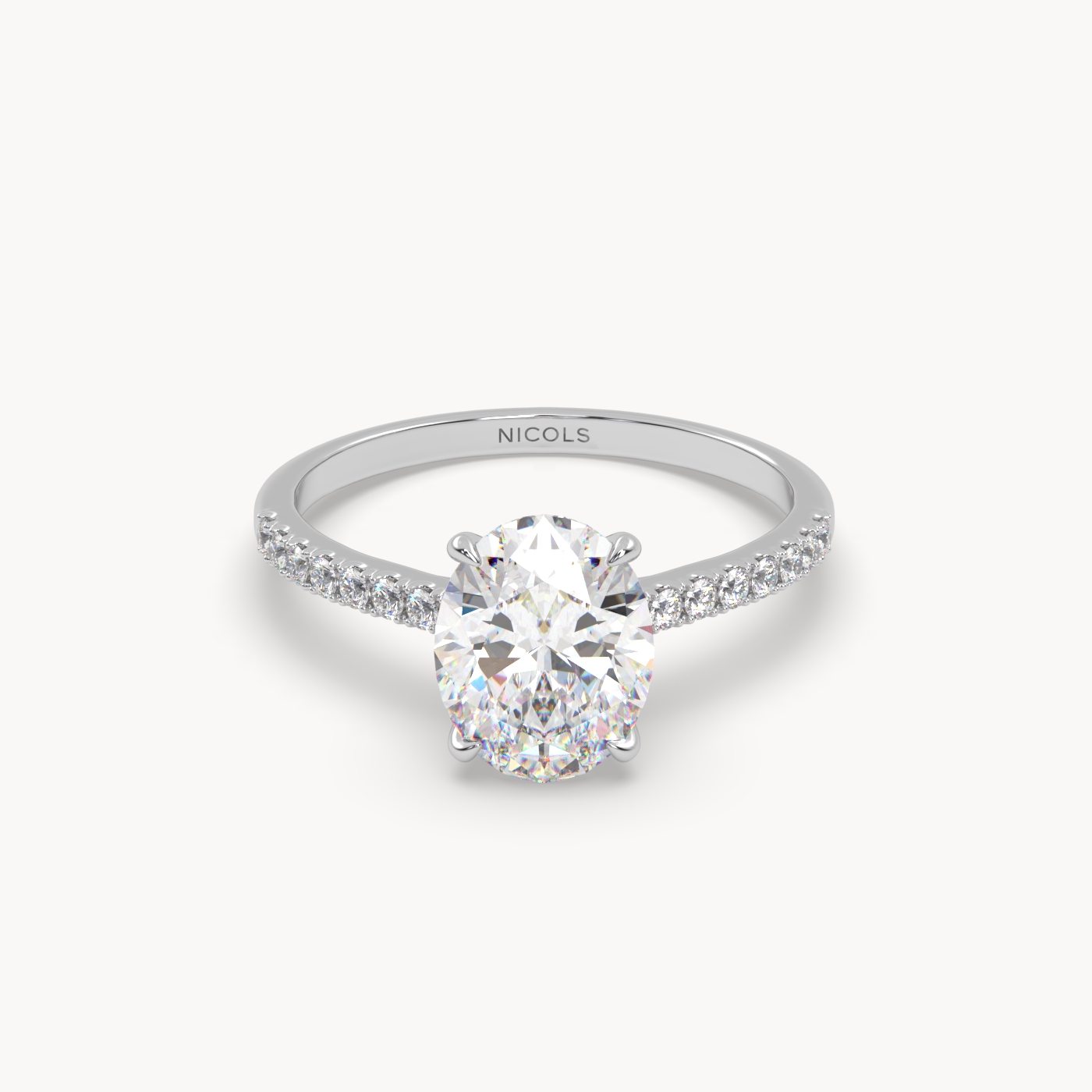 18k white gold  petite pavé cathedral diamond setting for 2ct oval  engagement ring