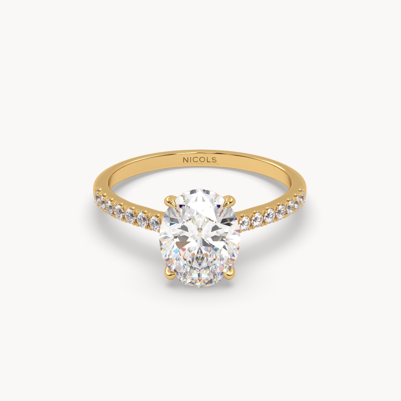 18k yellow gold petite pavé cathedral diamond setting for 2ct oval engagement ring
