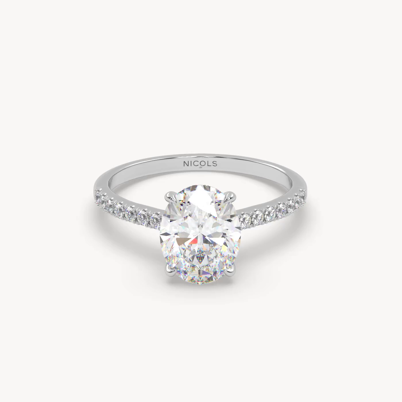 18k white gold  petite pavé cathedral diamond setting for 2ct oval  engagement ring Photos & images