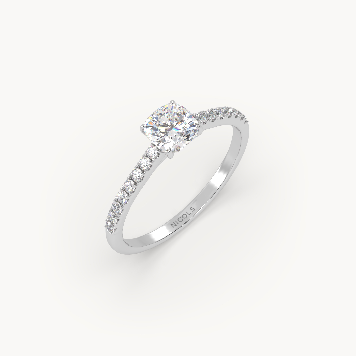 18k white gold  petite pavé cathedral ring for 0.70ct cushion diamond
