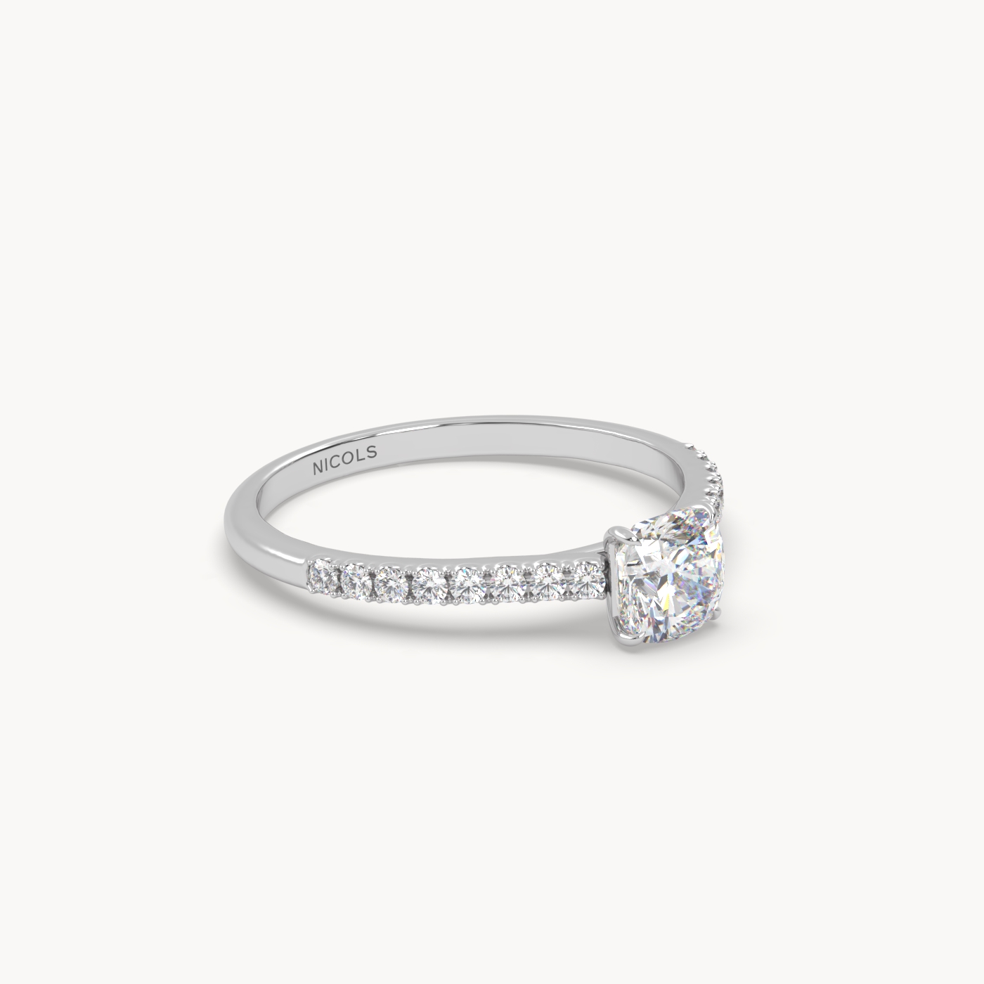 18k white gold  petite pavé cathedral ring for 0.70ct cushion diamond