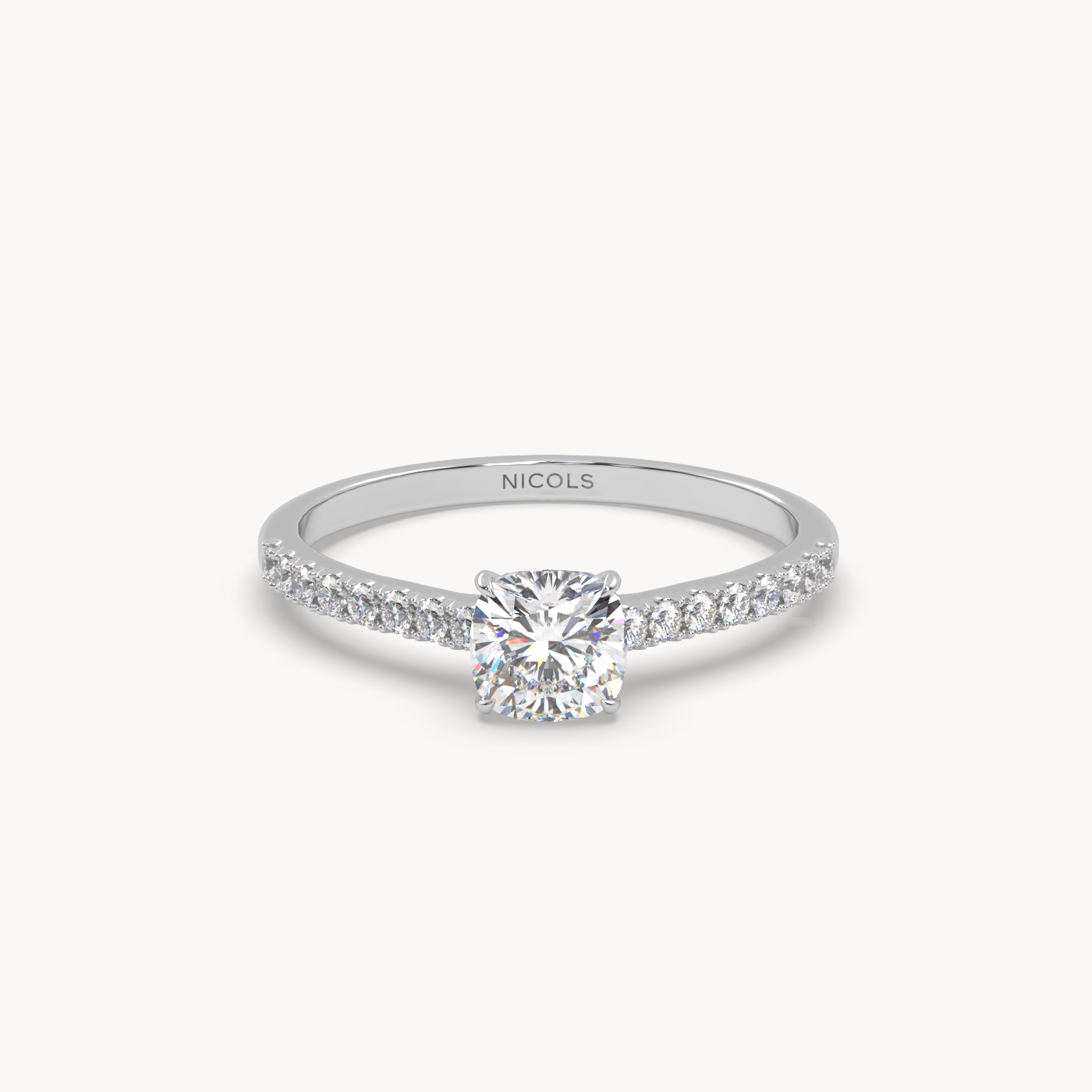 18k white gold  petite pavé cathedral ring for 0.70ct cushion diamond
