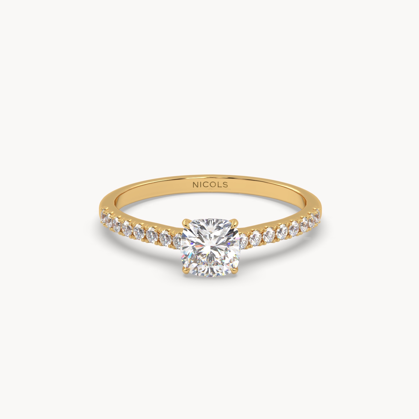 18k yellow gold  petite pavé cathedral ring for 0.70ct cushion diamond