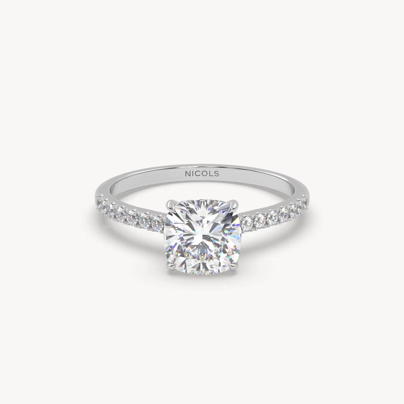 18k white gold  petite pavé cathedral ring for 1.5 ct cushion diamond