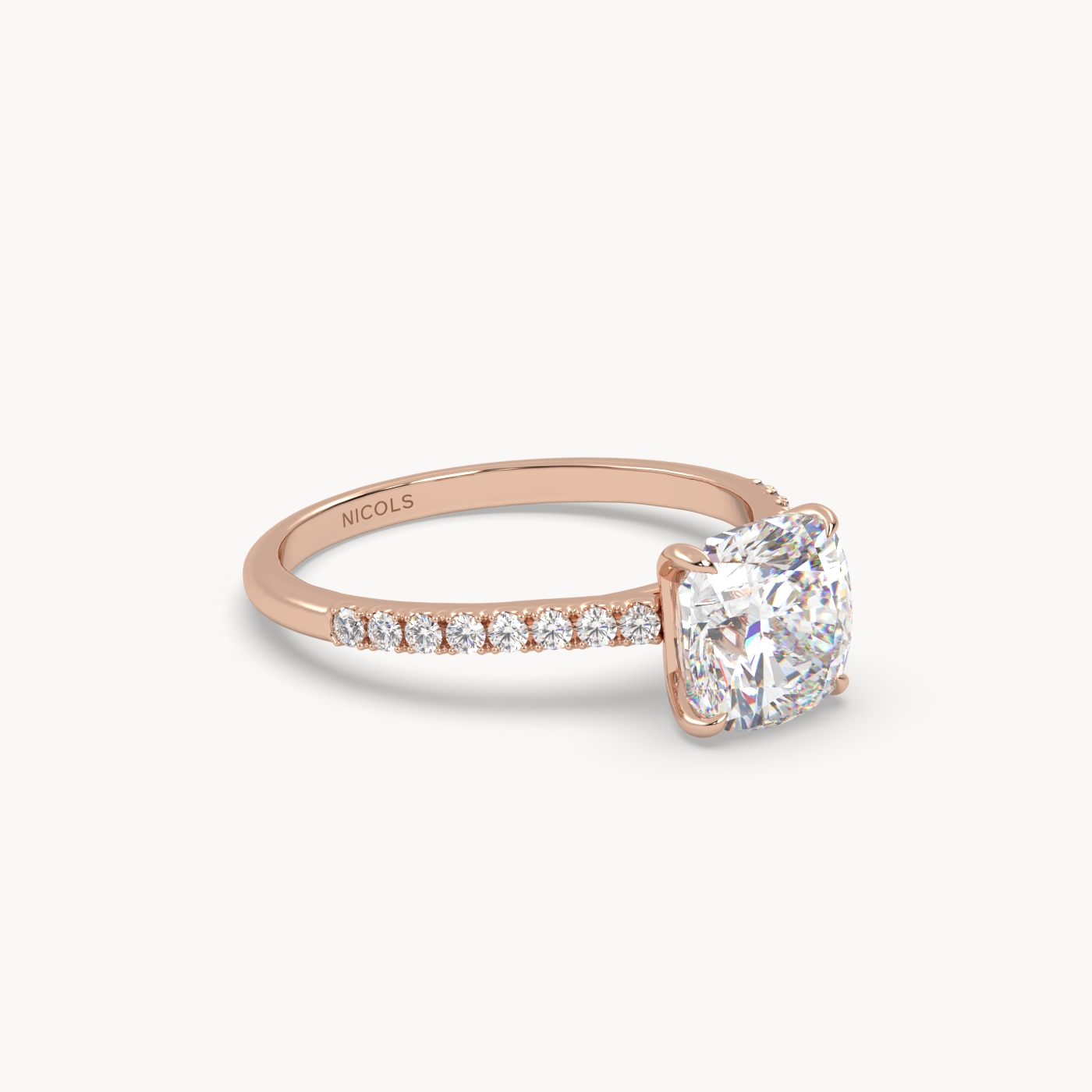 18k rose gold  petite pavé cathedral ring for 2.0 ct cushion diamond