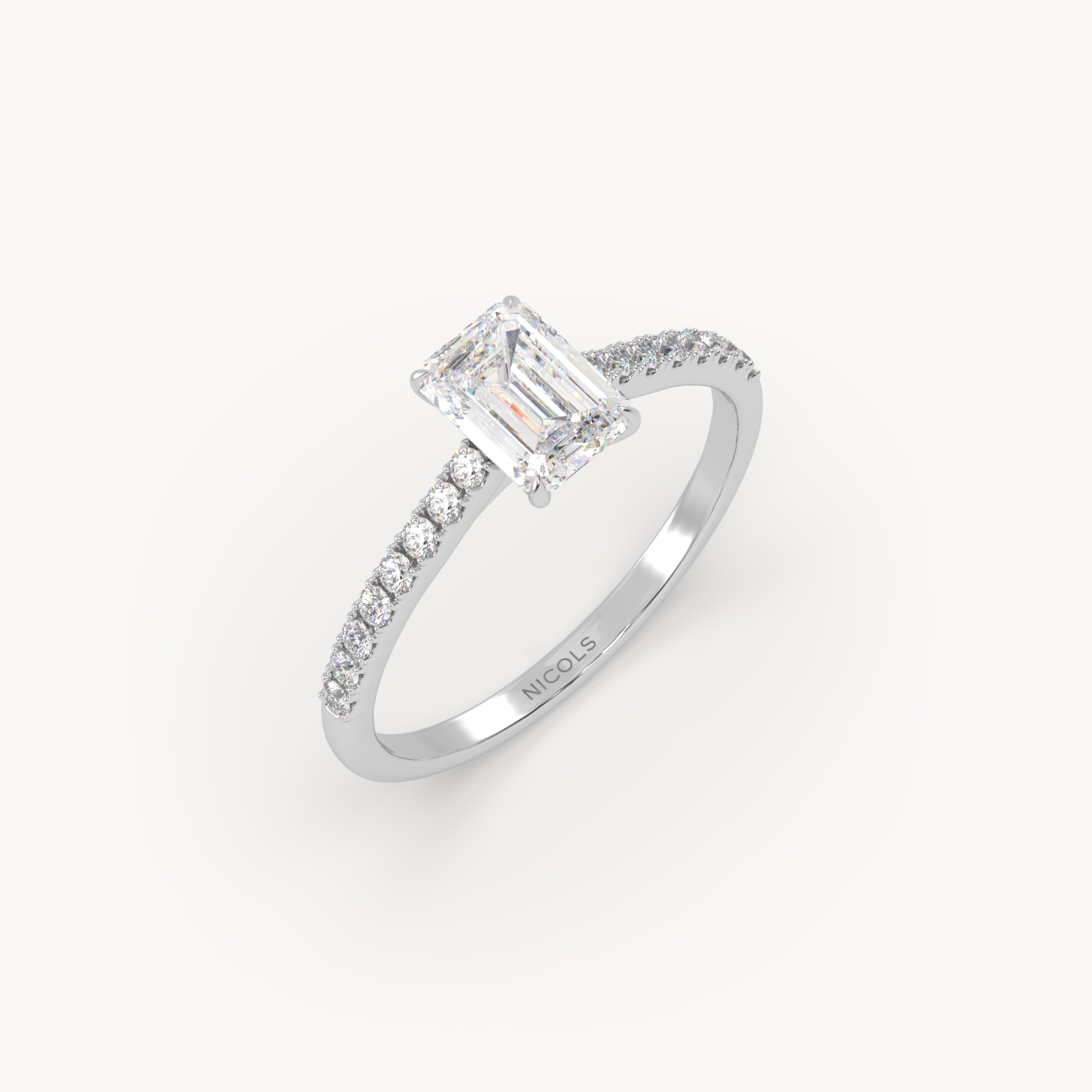 18k white gold  petite pavé cathedral engagement ring for 0.70ct emerald cut diamond