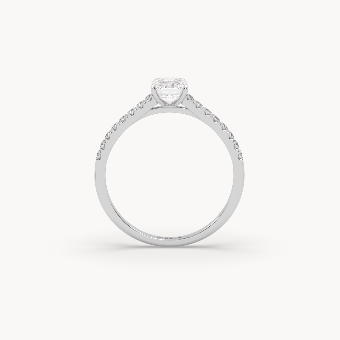 18k white gold  petite pavé cathedral engagement ring for 0.70ct emerald cut diamond
