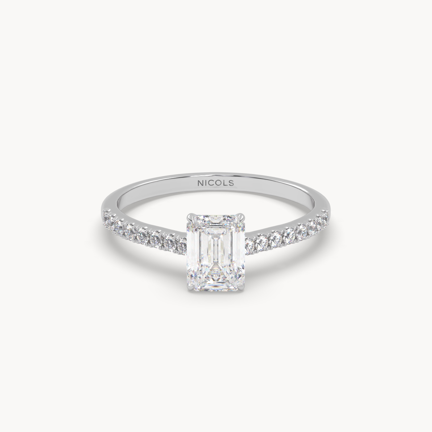 pt platinum  petite pavé cathedral engagement ring for 0.70ct emerald cut diamond