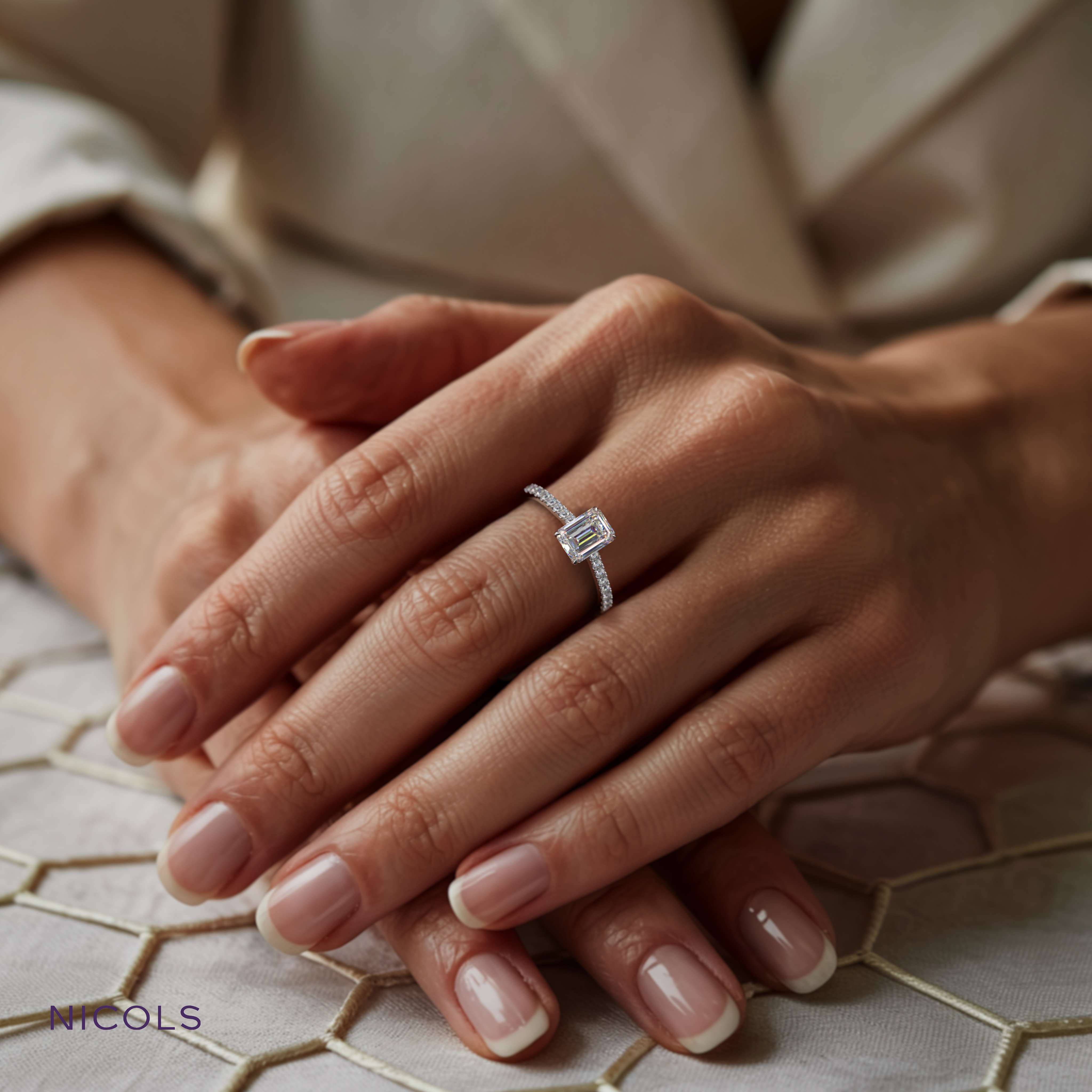 pt platinum  petite pavé cathedral engagement ring for 0.70ct emerald cut diamond