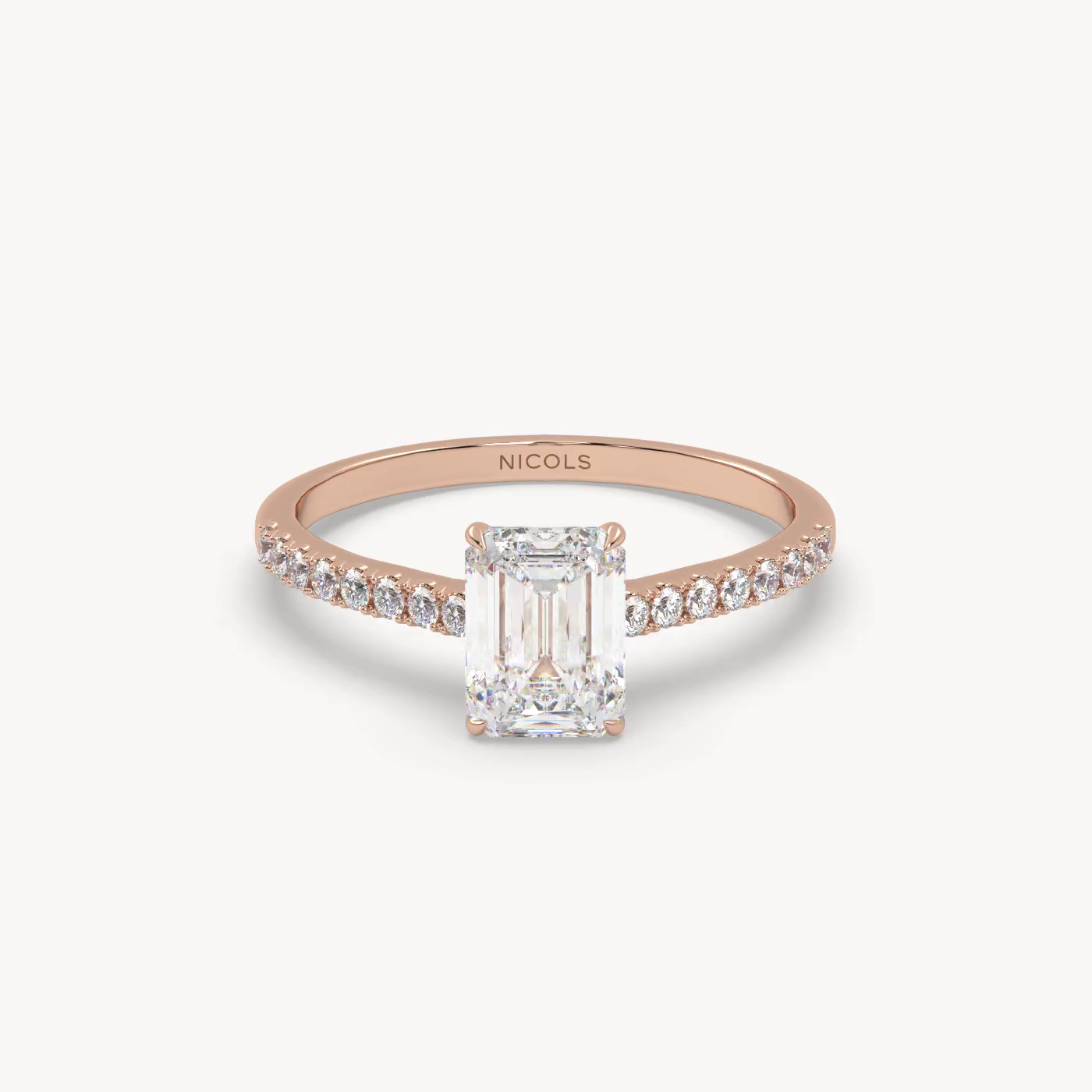 18k white gold  petite pavé cathedral engagement ring for 1.0 ct emerald cut diamond Photos & images