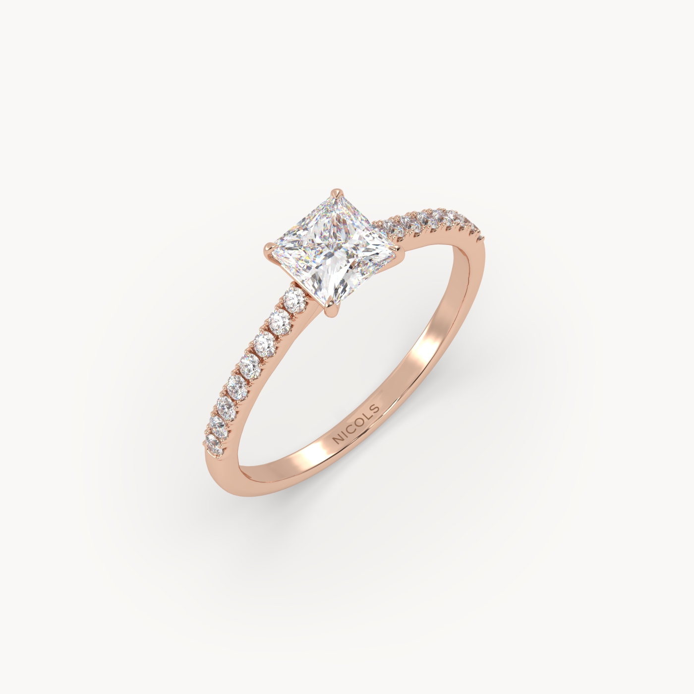 18k rose gold  petite pavé cathedral engagement ring for 0.70ct princess diamond