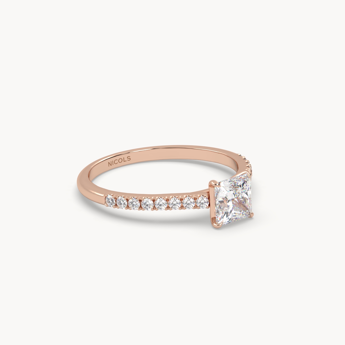18k rose gold  petite pavé cathedral engagement ring for 0.70ct princess diamond