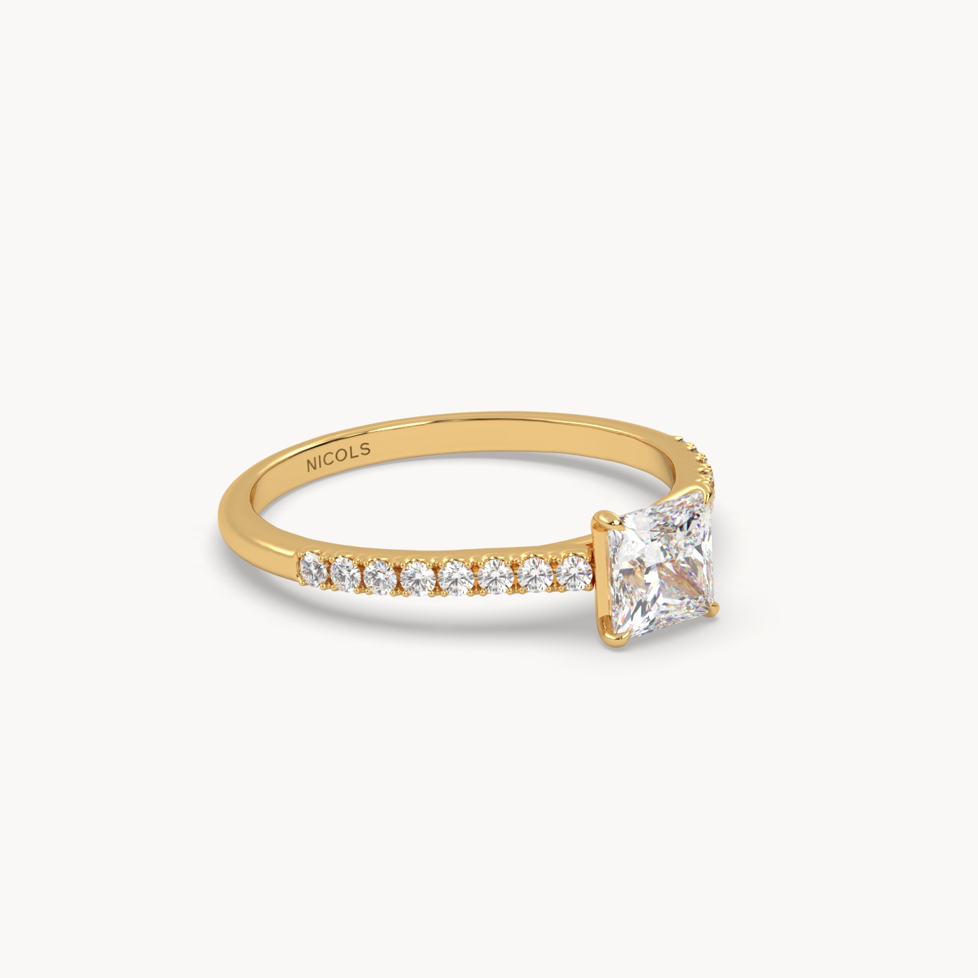 18k yellow gold  petite pavé cathedral engagement ring for 0.70ct princess diamond