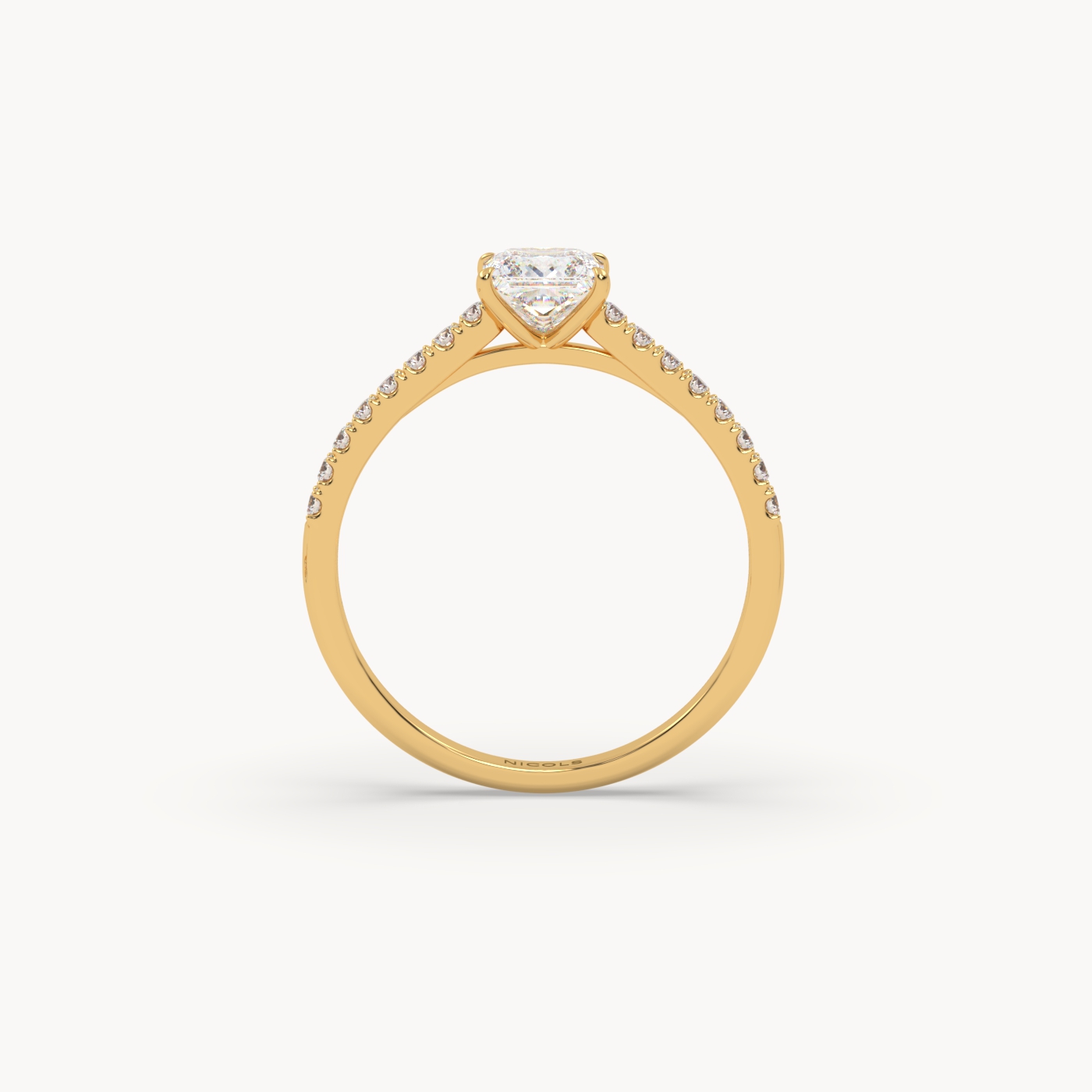 18k yellow gold  petite pavé cathedral engagement ring for 0.70ct princess diamond