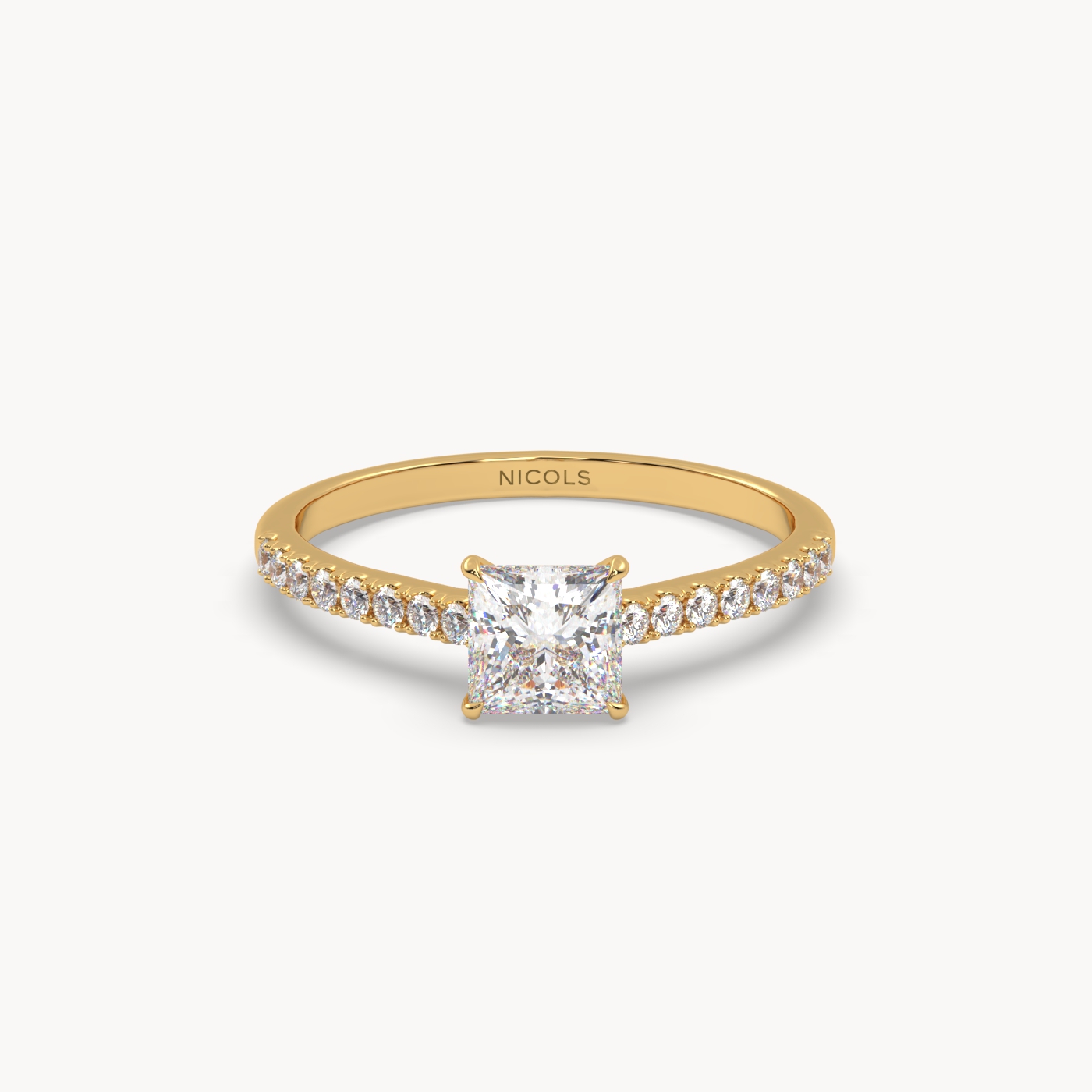 18k yellow gold  petite pavé cathedral engagement ring for 0.70ct princess diamond