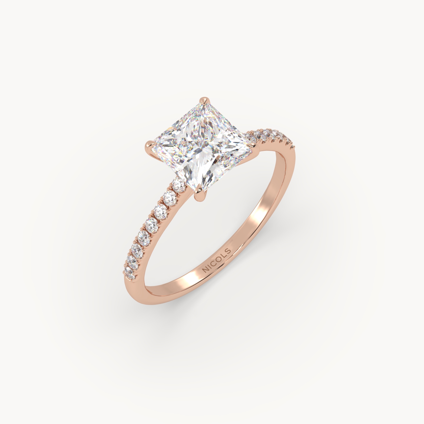 18k rose gold  petite pavé cathedral engagement ring for 1.5 ct princess diamond