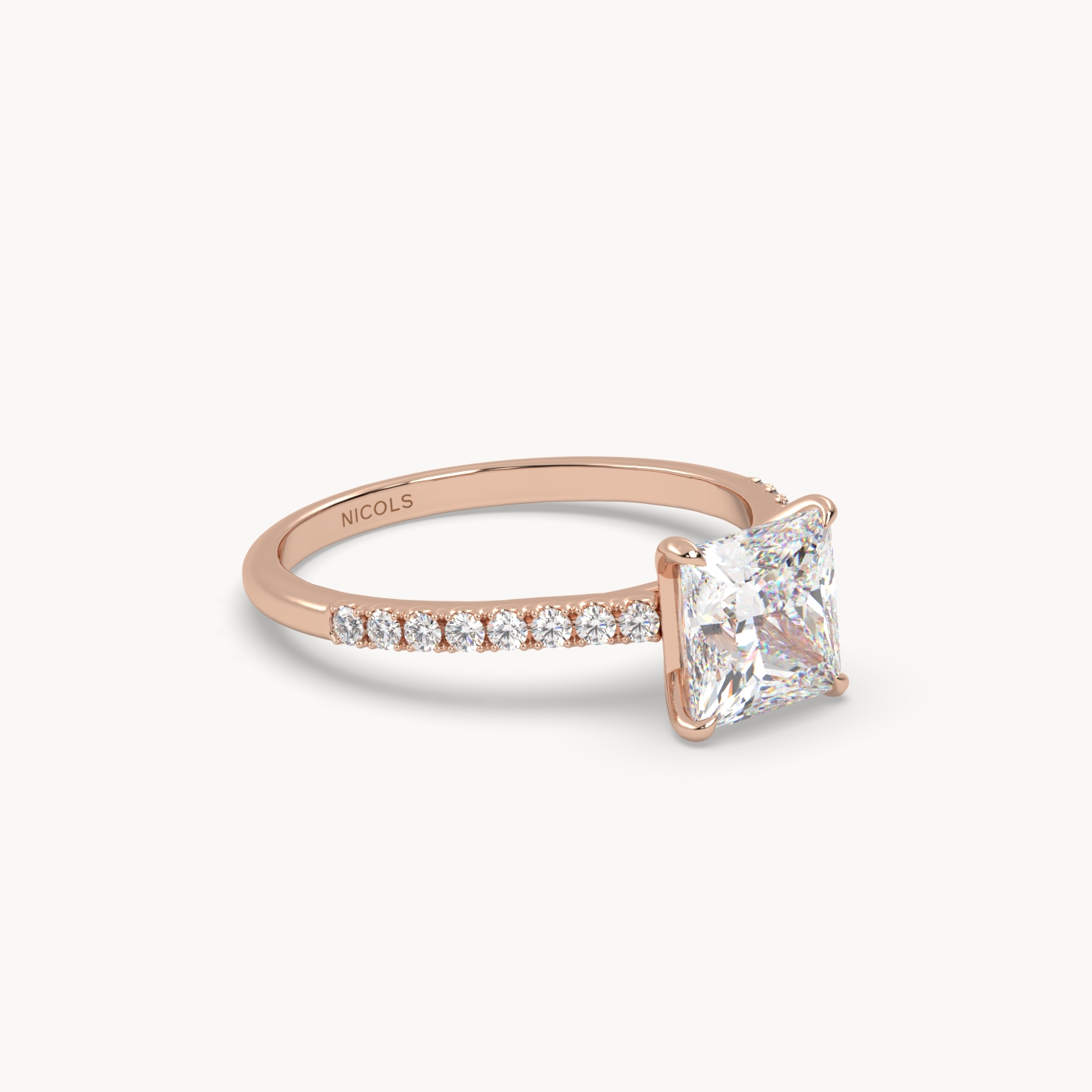 18k rose gold  petite pavé cathedral engagement ring for 1.5 ct princess diamond