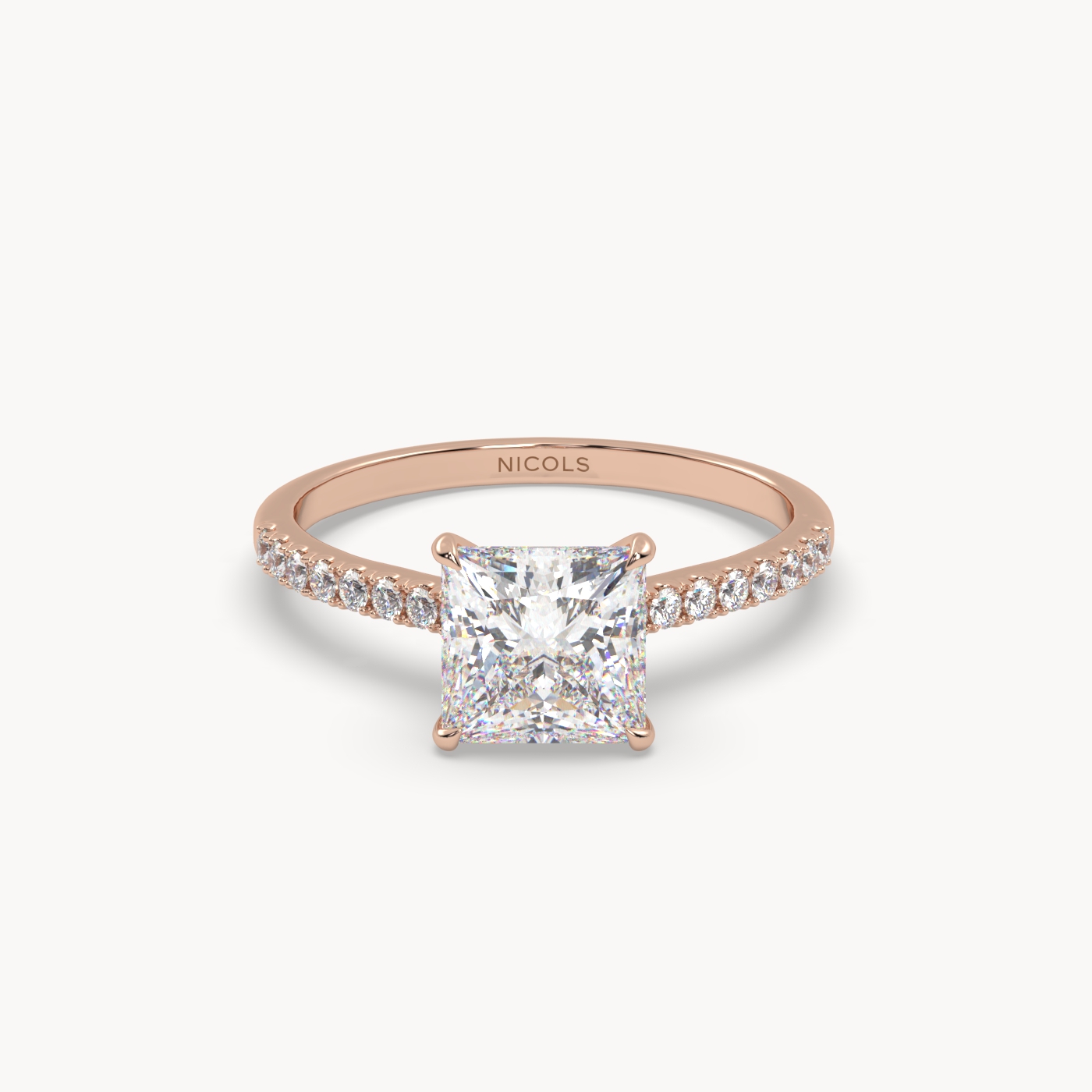 18k rose gold  petite pavé cathedral engagement ring for 1.5 ct princess diamond