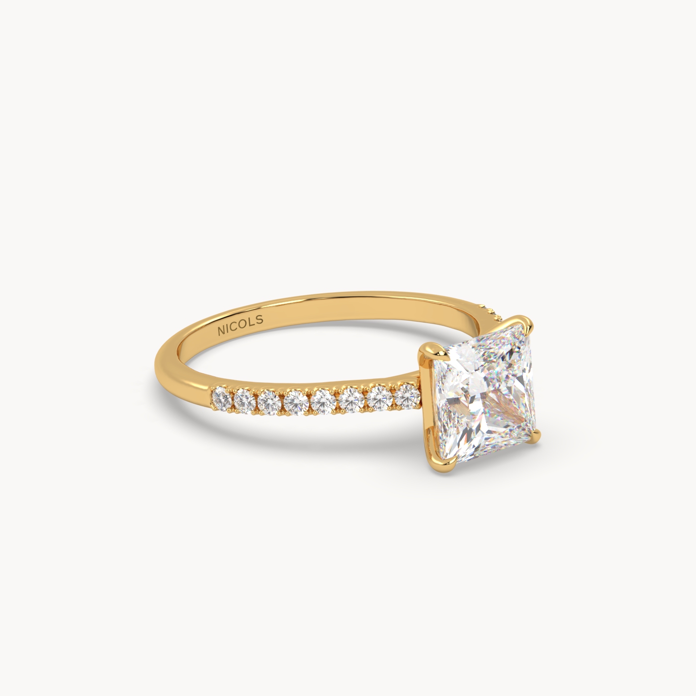 18k yellow gold  petite pavé cathedral engagement ring for 1.5 ct princess diamond