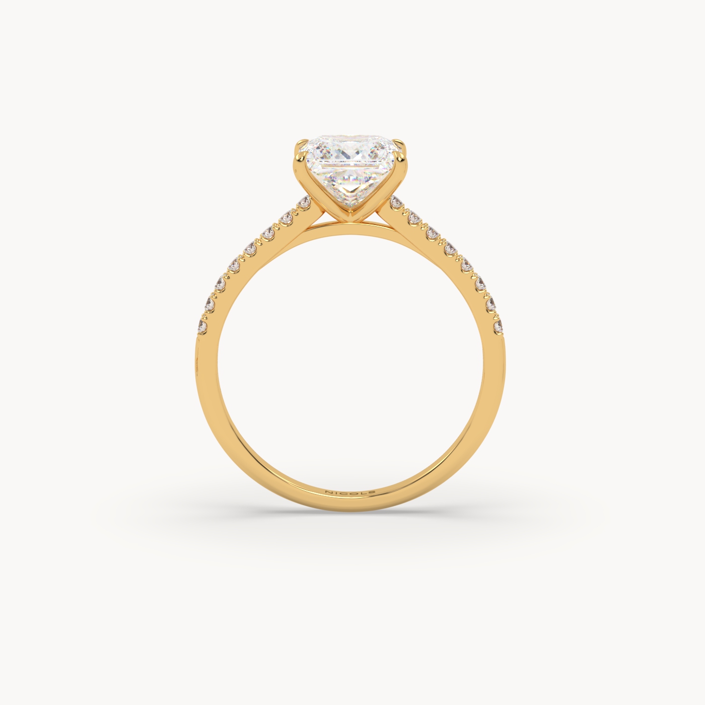 18k yellow gold  petite pavé cathedral engagement ring for 1.5 ct princess diamond