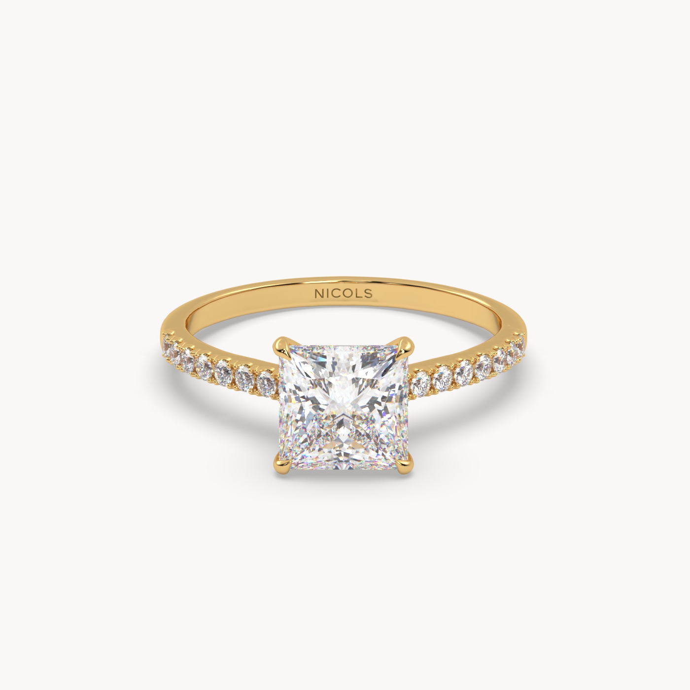 18k yellow gold  petite pavé cathedral engagement ring for 1.5 ct princess diamond