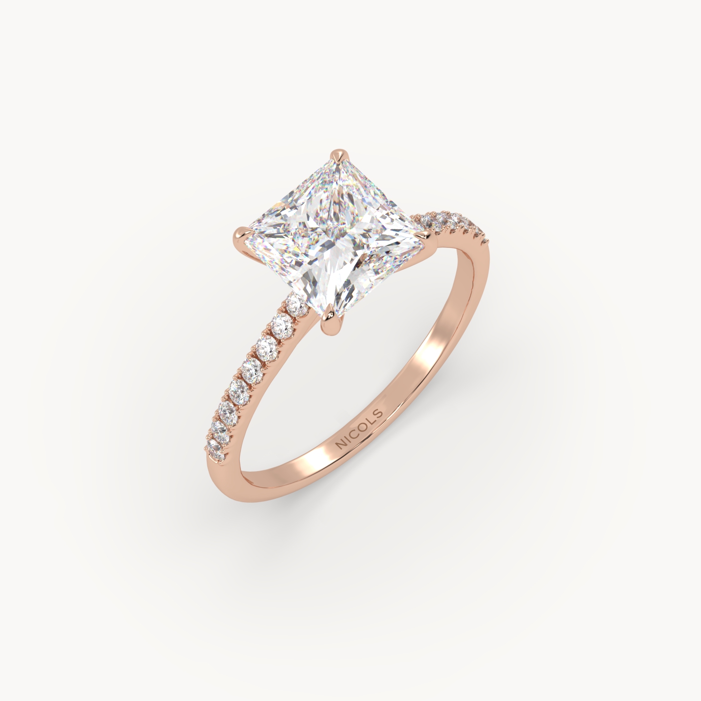 18k rose gold  petite pavé cathedral engagement ring for 2.0 ct princess diamond