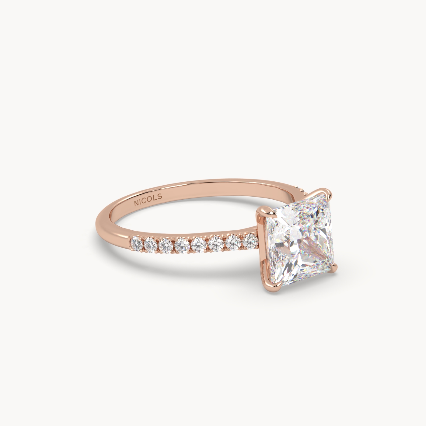 18k rose gold  petite pavé cathedral engagement ring for 2.0 ct princess diamond