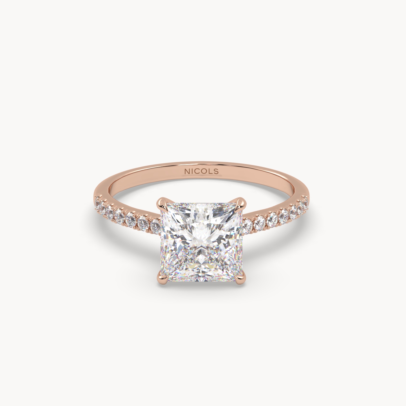 18k rose gold  petite pavé cathedral engagement ring for 2.0 ct princess diamond