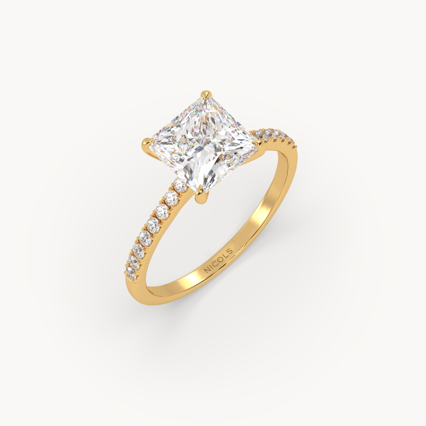 18k yellow gold  petite pavé cathedral engagement ring for 2.0 ct princess diamond