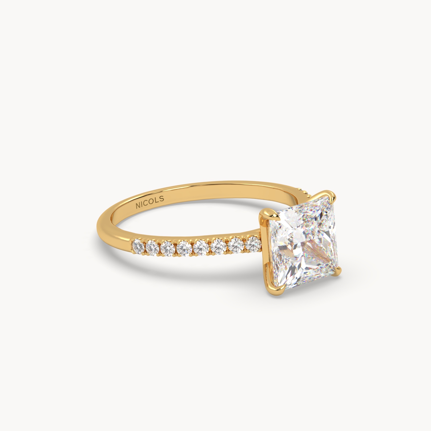 18k yellow gold  petite pavé cathedral engagement ring for 2.0 ct princess diamond